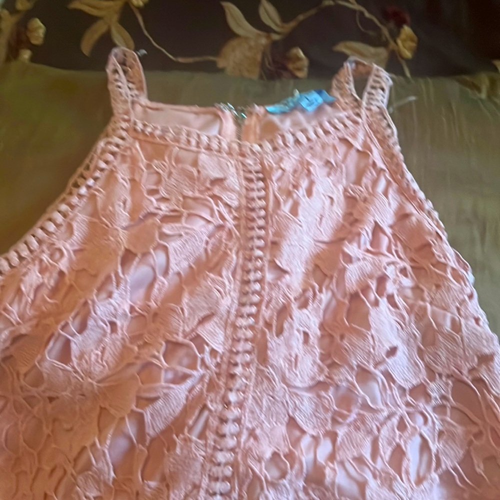 She and Sky Pink Crochet-Overlay Mini Dress